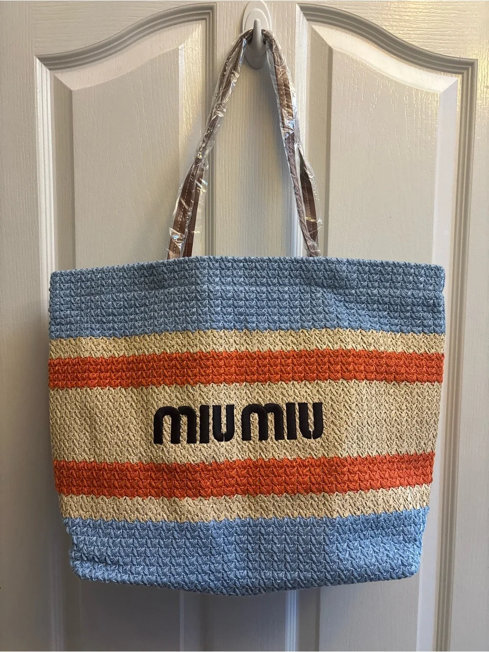 Miu Blue & Cream Striped raffia Straw Tote Bag beach sun nwot - Picture 1 of 7